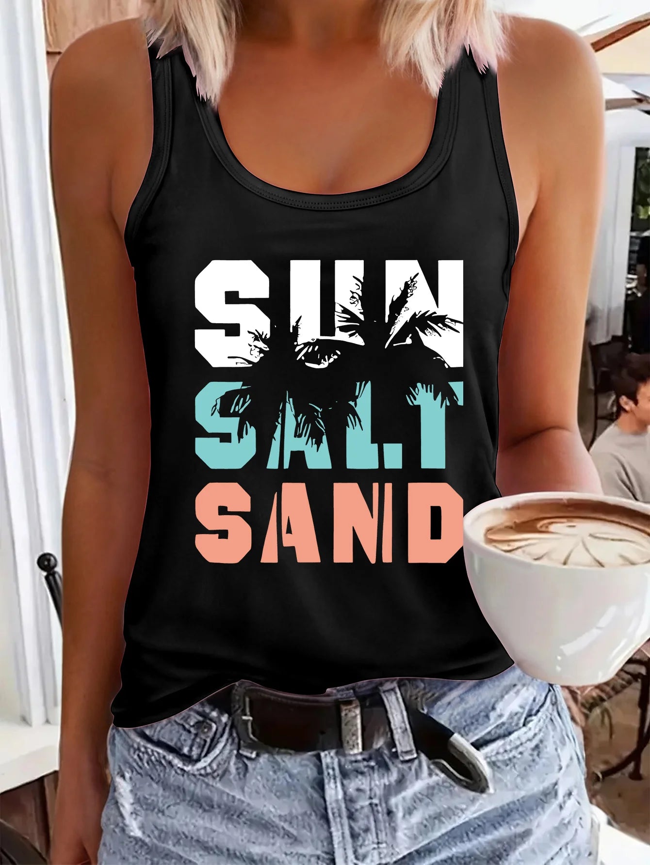 Women's Printed Polyester Tank Top with Round Neck and Relaxed Sleeveless Cut