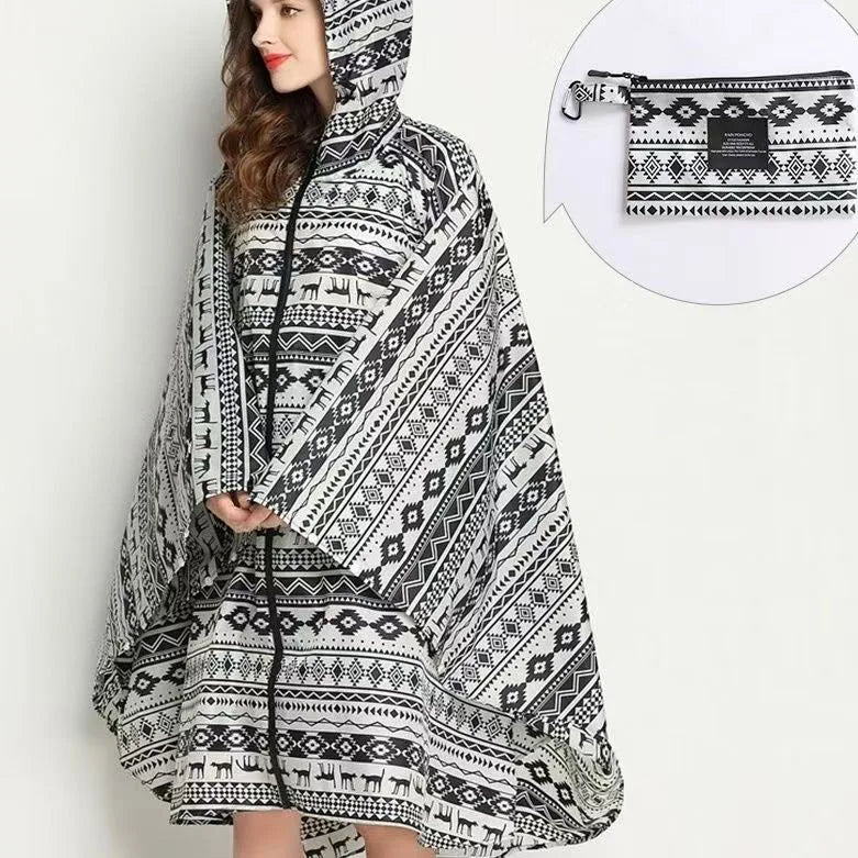 Hooded Printed Poncho for Layering over Tops and Dresses
