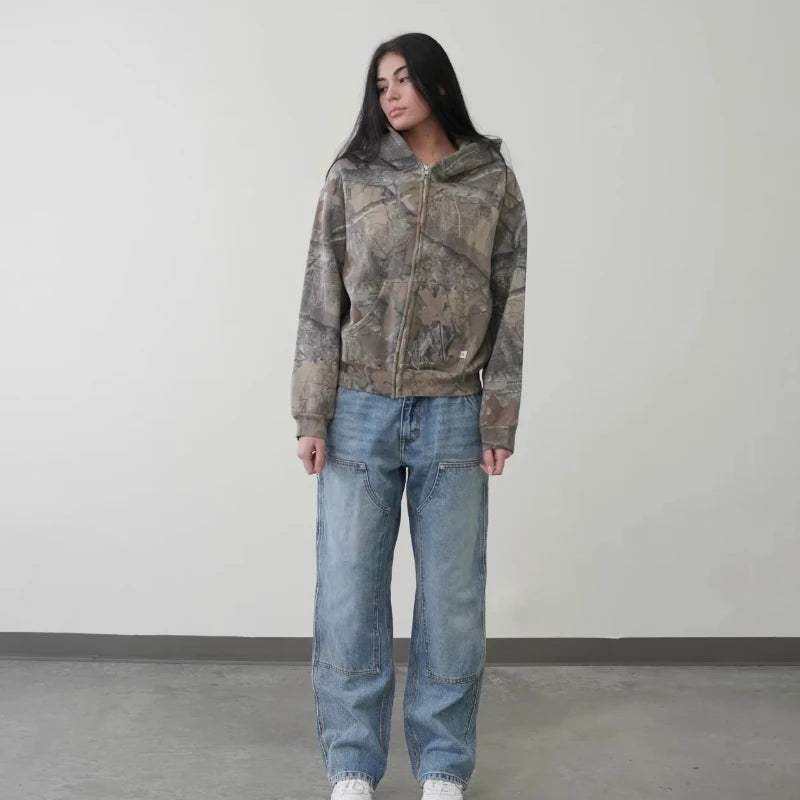 Camouflage Loose-Fit Long-Sleeve Zip-Front Hoodie