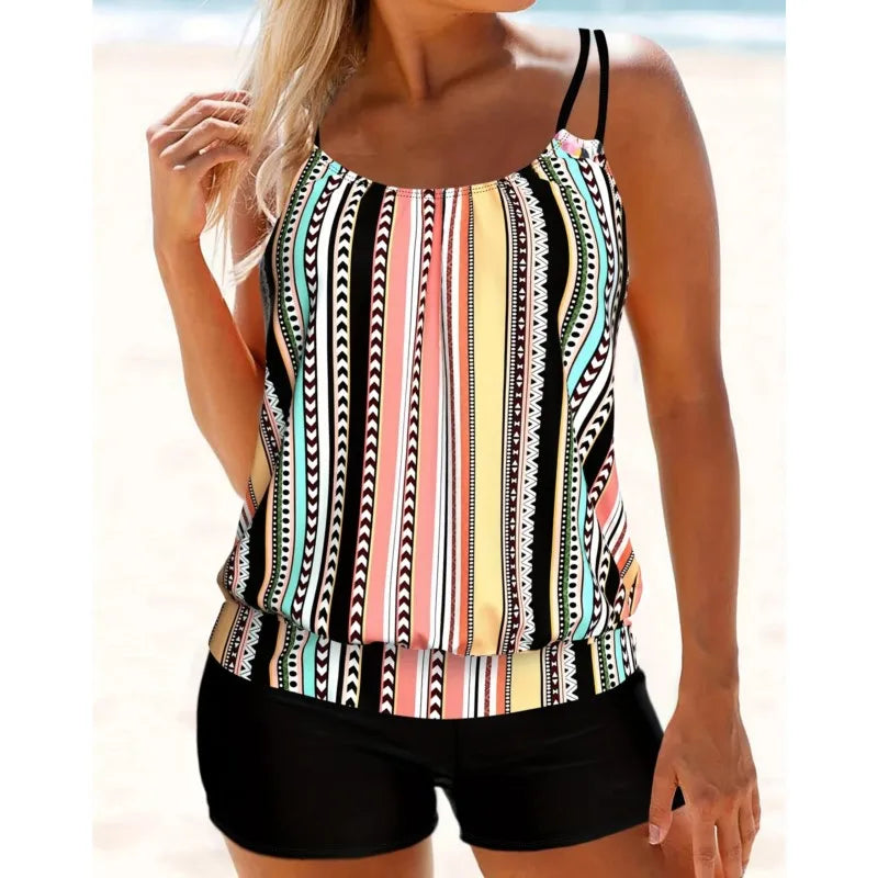 Women's Striped Tankini Top and Solid Shorts Swim Set