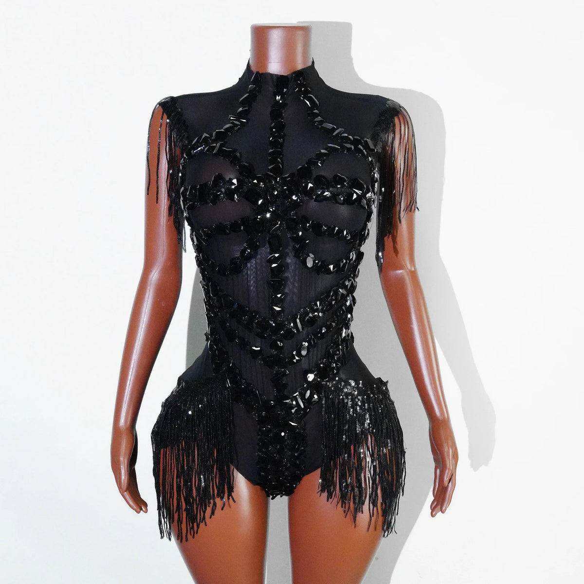 Women's Rhinestone Fringe Mesh Dance Bodysuit for Stage Costume Outfits