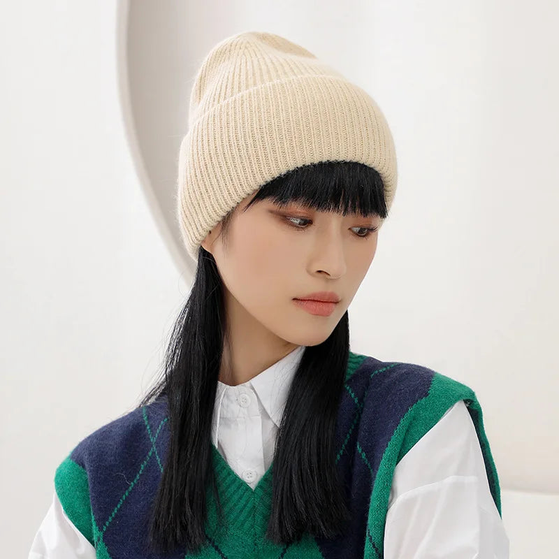 Solid Ribbed Knit Beanie with Wide Folded Cuff