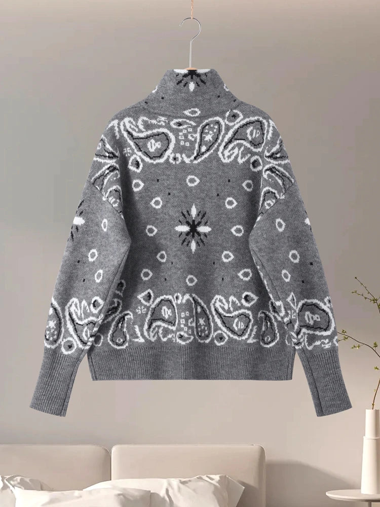 Women's Paisley Stand Collar Zip Front Cardigan Casual Knit Layer