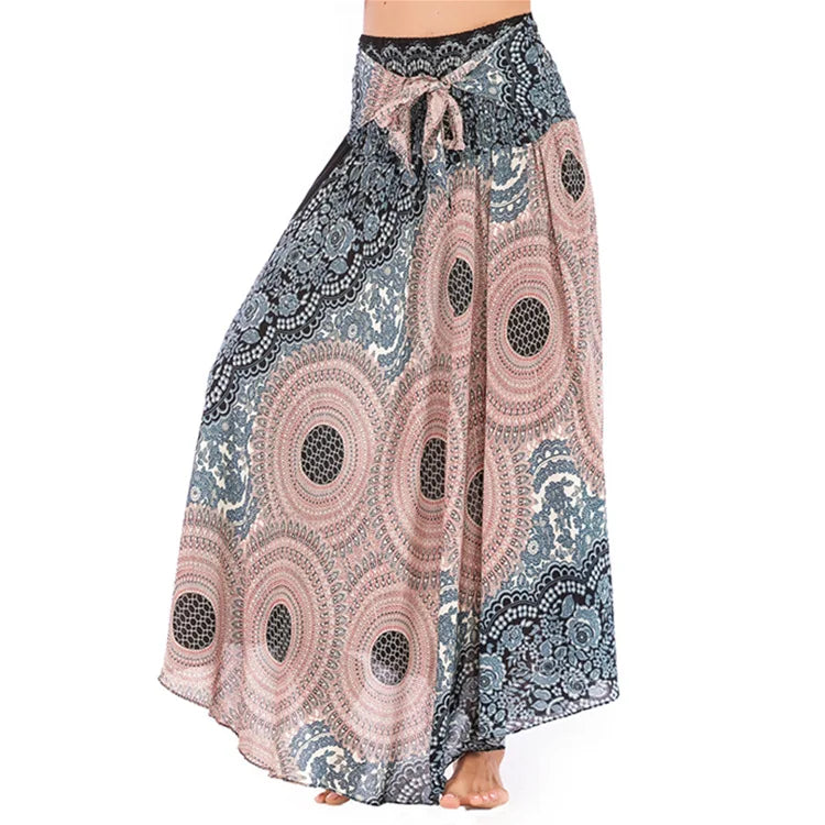 Women's Printed Nylon Harem Pants with Smocked Waist and Convertible Styling