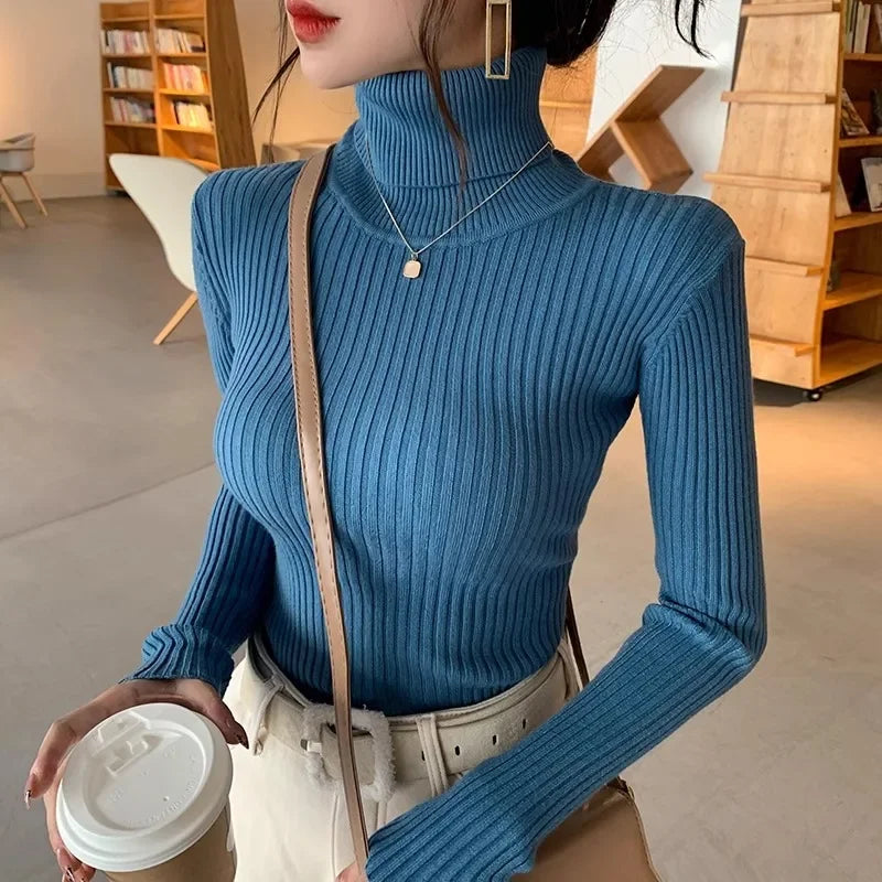 Women's Fitted Ribbed Roll Neck Sweater Casual Knit Layer