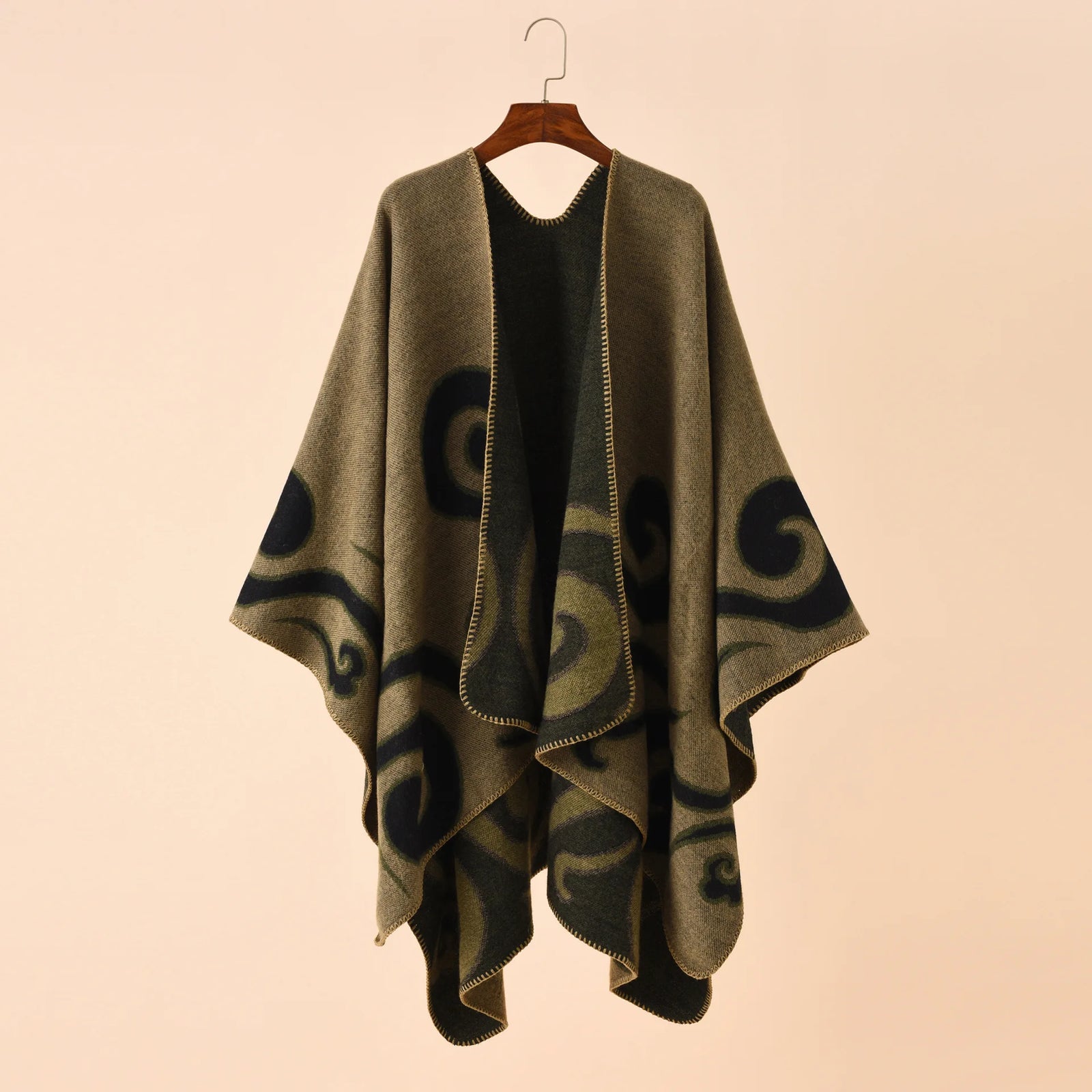 Swirl Pattern Pointed Hem Poncho for Layering over Outfits
