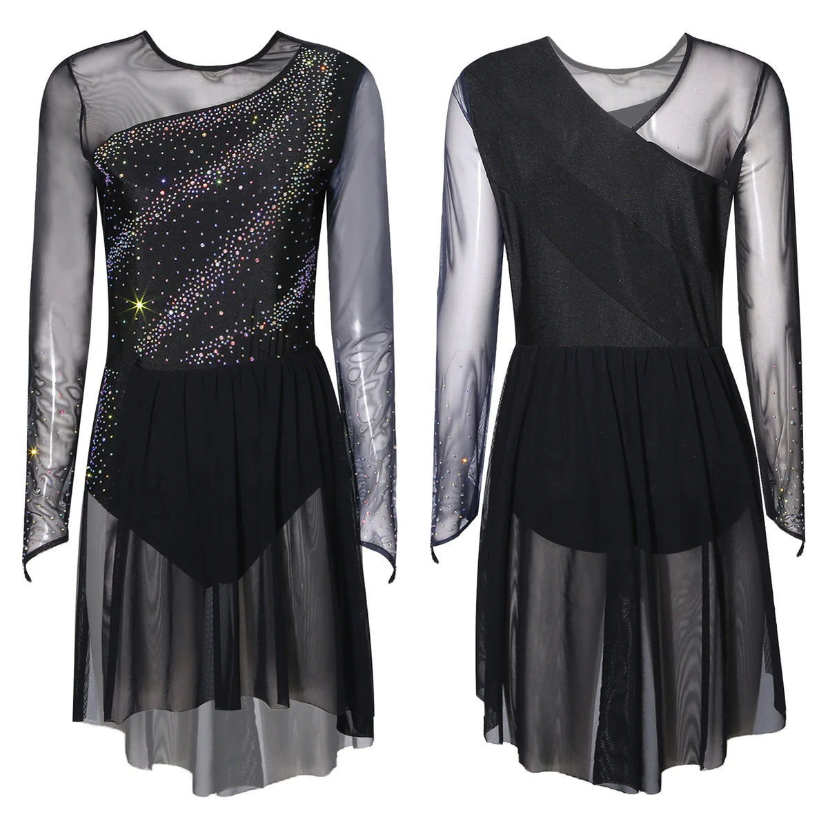 Women's Long Sleeve Mesh Dance Dress with Sequins and Asymmetric Panels