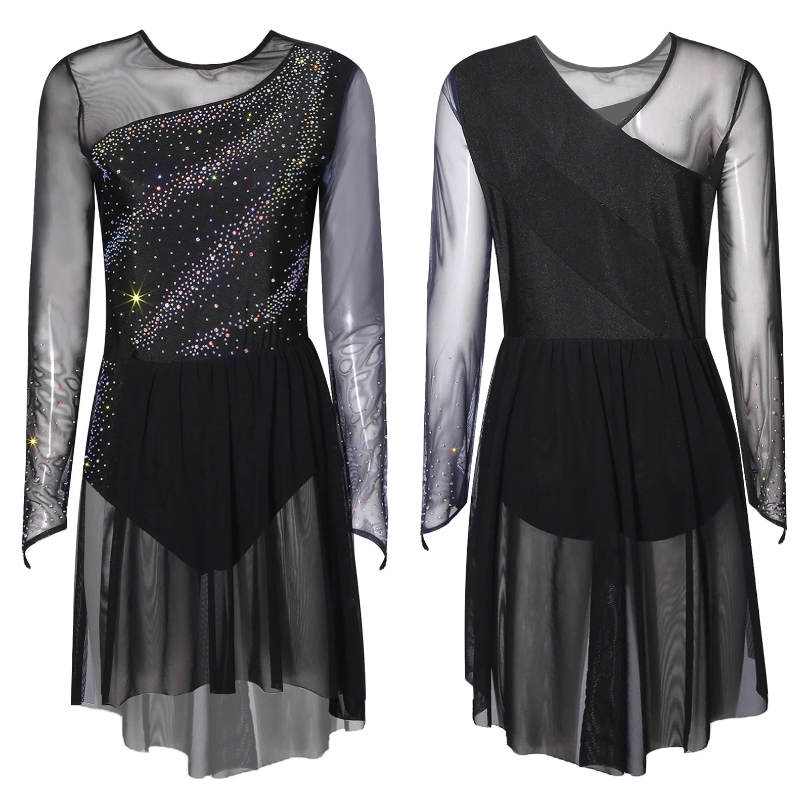 Women's Long Sleeve Mesh Dance Dress with Sequins and Asymmetric Panels