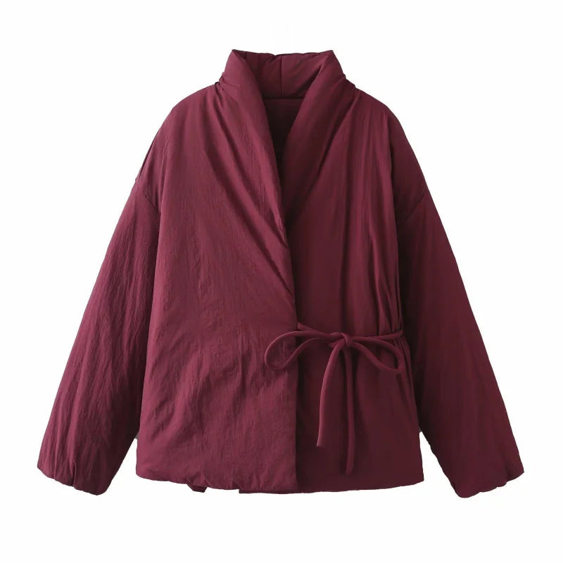 Women's Polyester Belted Padded Long-Sleeve Jacket with Pockets for Casual Winter Outfits