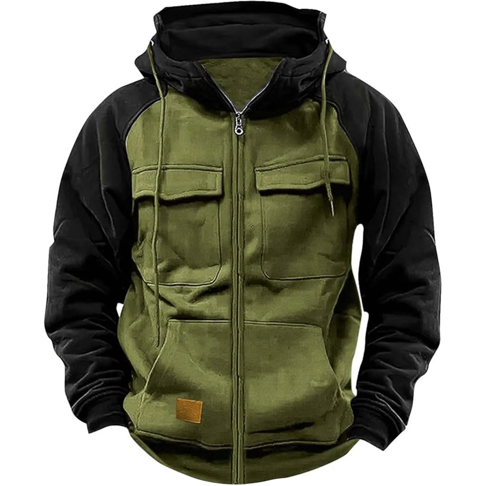 Men's Multi-Pocket Patchwork Long-Sleeve Zip-Front Hoodie