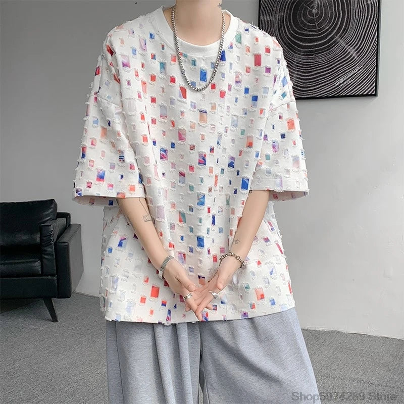 Summer Short Sleeved T-shirt Men Hollow Out Oversized Plaid T Shirt Men Streetwear Hip Hop Loose Casual Tshirt Male 5XL