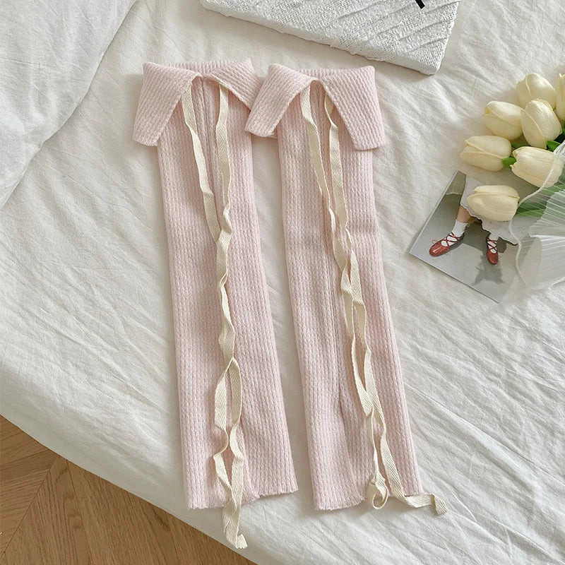 Solid Calf Leg Warmers with Decorative Ribbon Tie Details
