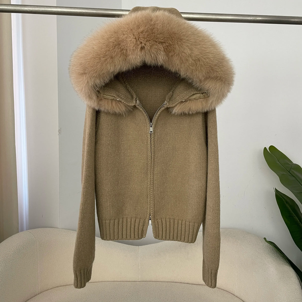 Women's Hooded Zip Front Fluffy Trim Jacket Casual Knit Layer