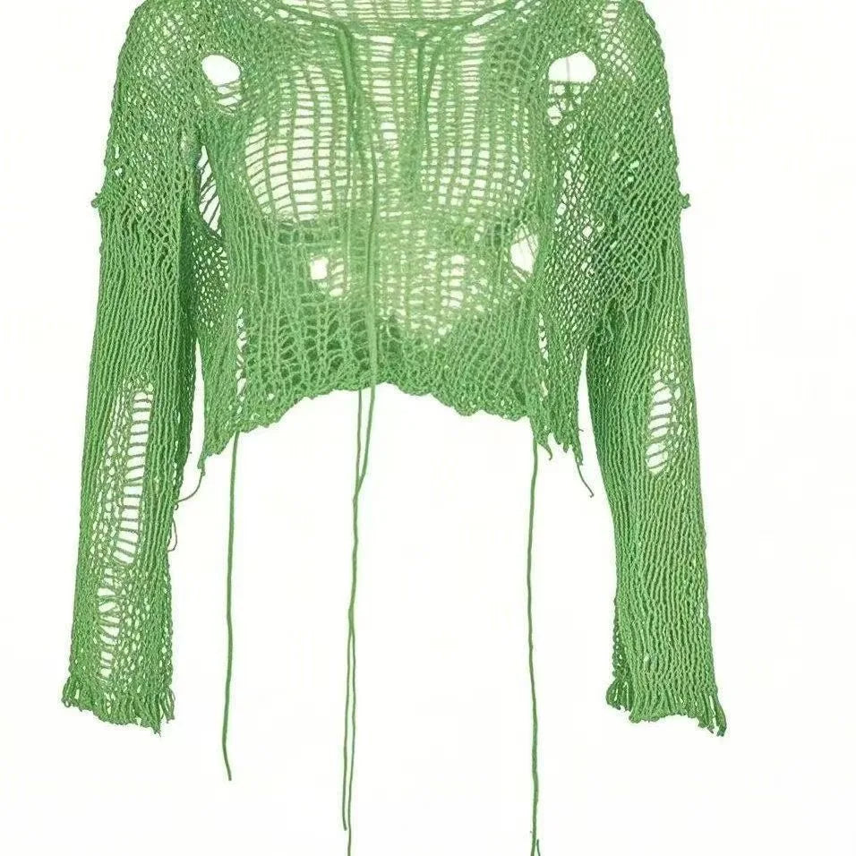 Women's Distressed Open Knit Cropped Pullover Crop Top