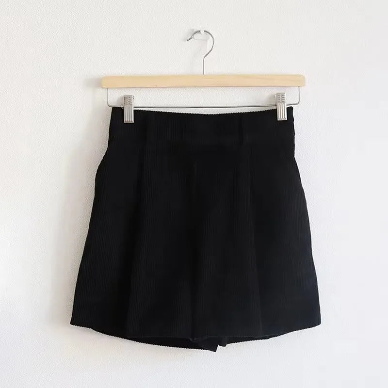 Women's 97% Cotton Corduroy High-Waist Shorts with Side Pockets for Everyday Wear