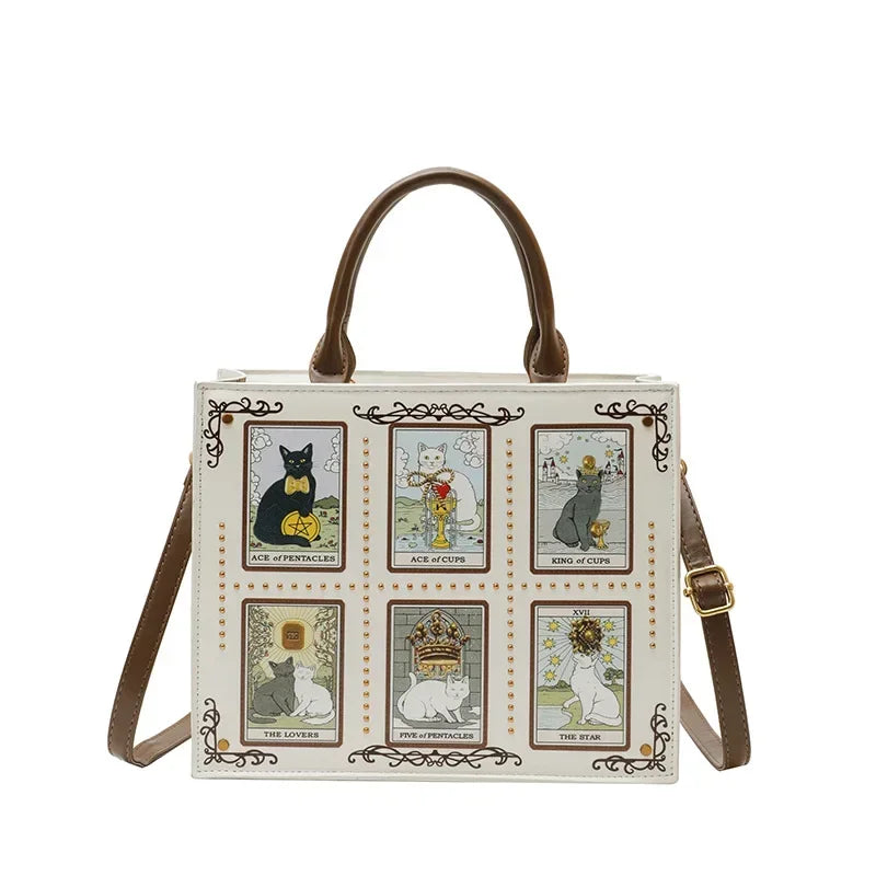 Women's Tarot Cat Print Tote Handbag with Handles and Crossbody Strap