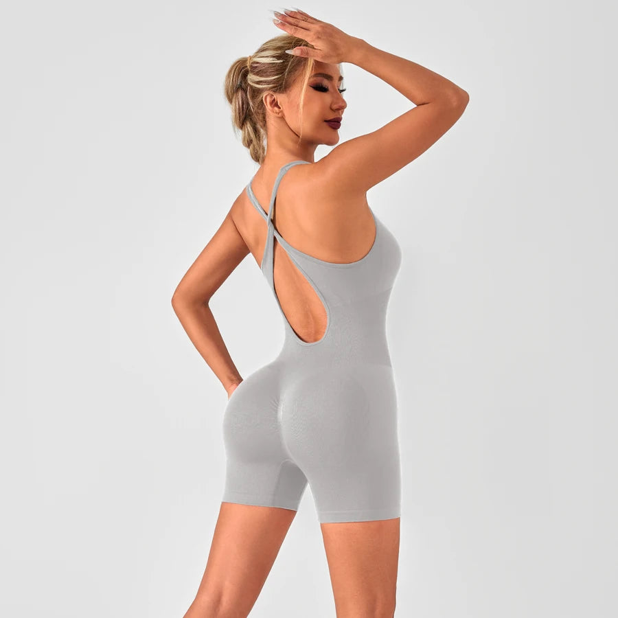 Women's Scoop Neck Nylon Blend Workout Romper with Crisscross Back Straps
