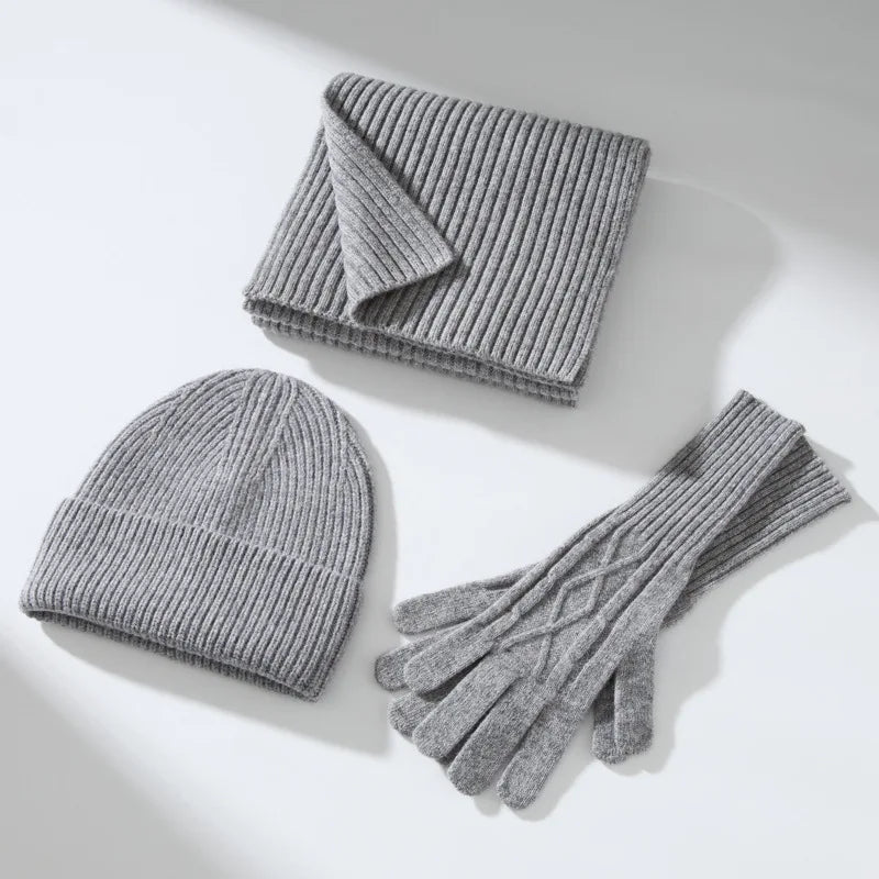 Ribbed Knitted Beanie Hat Scarf and Gloves Set for Winter Wear