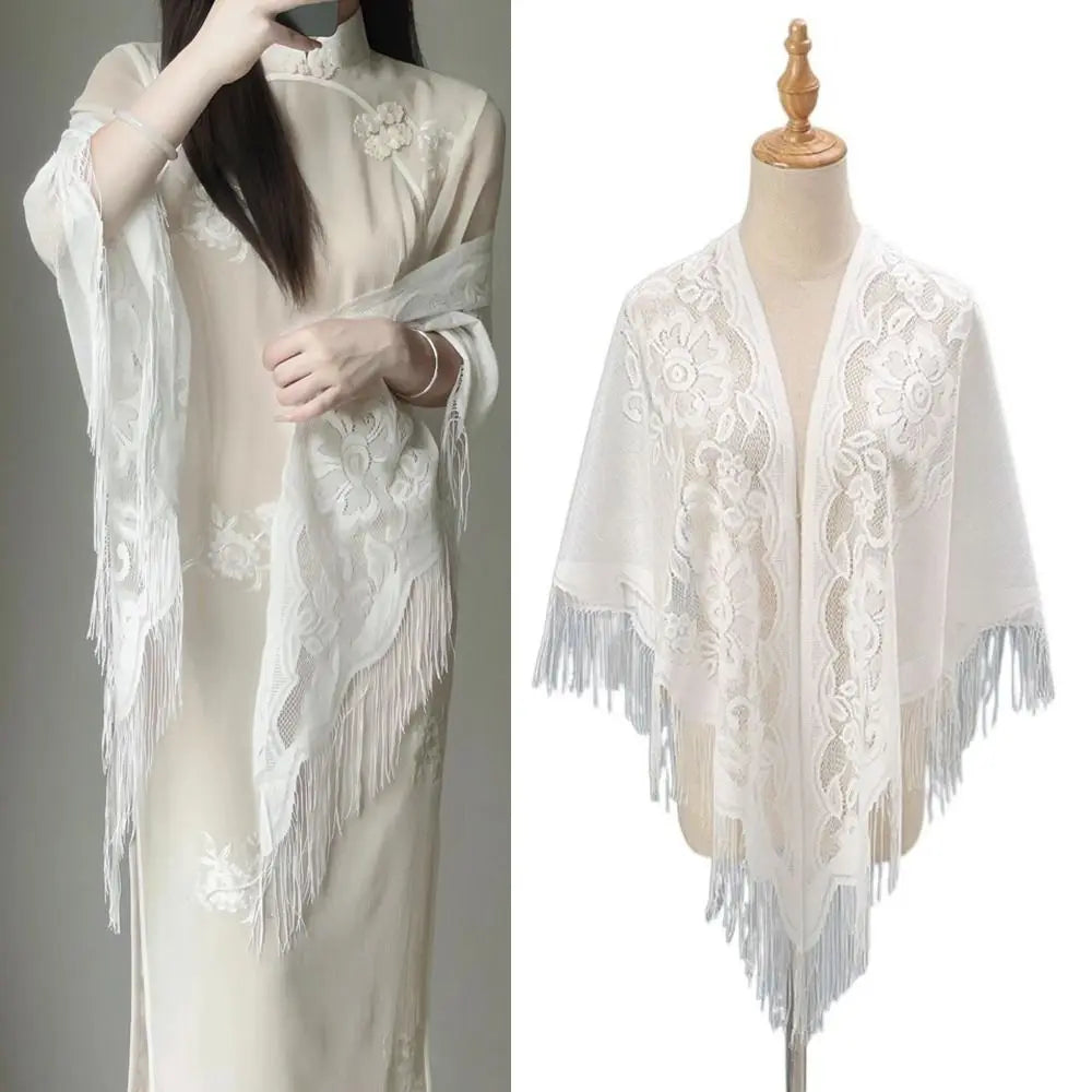 Floral Lace Fringed Wrap Scarf for Layering over Outfits