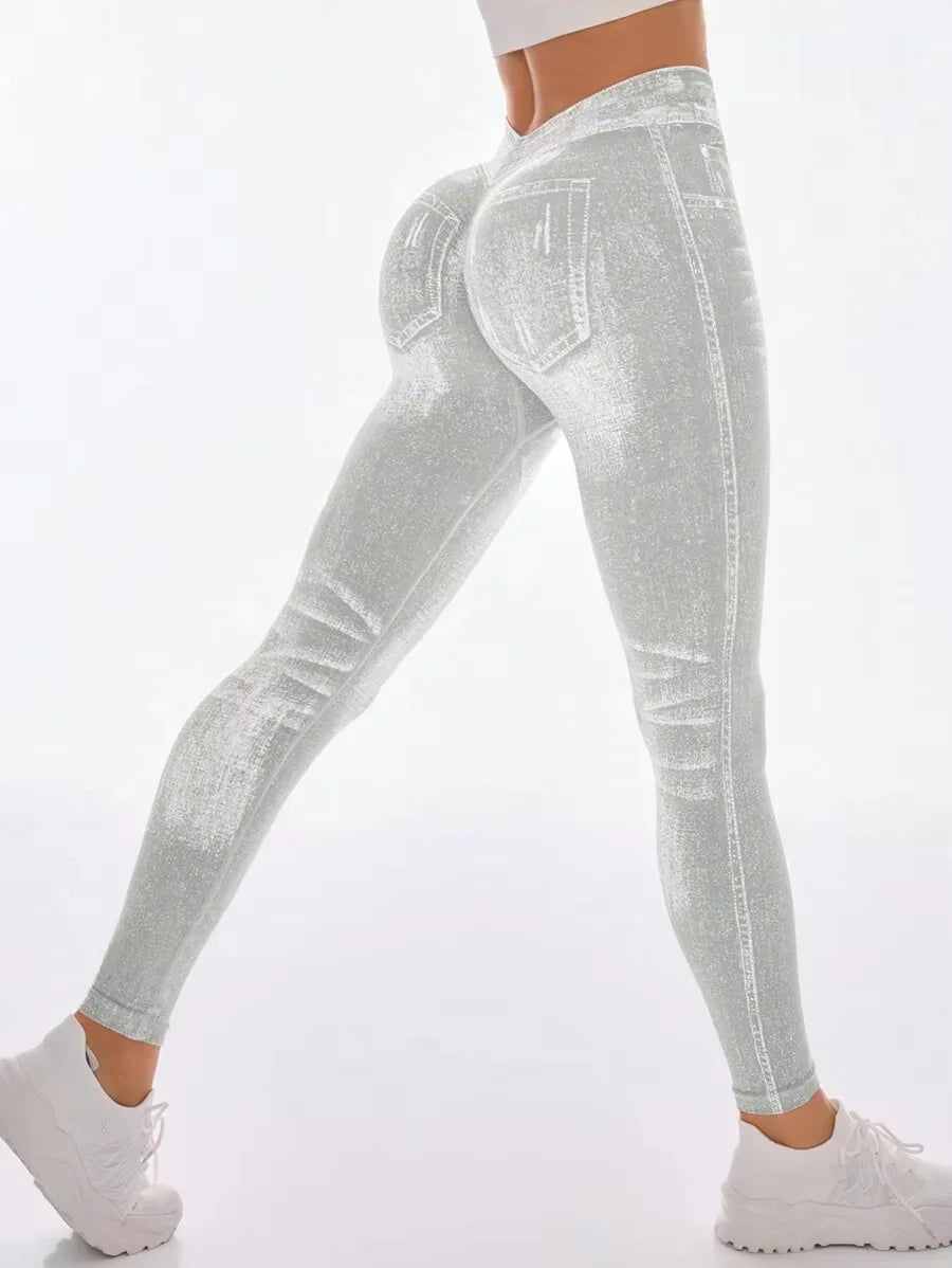 Women's Denim Look Full Length Leggings For Workout Outfits