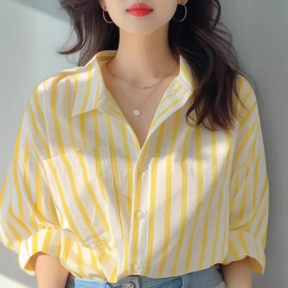 Women's Striped Collared Long Sleeve Shirt