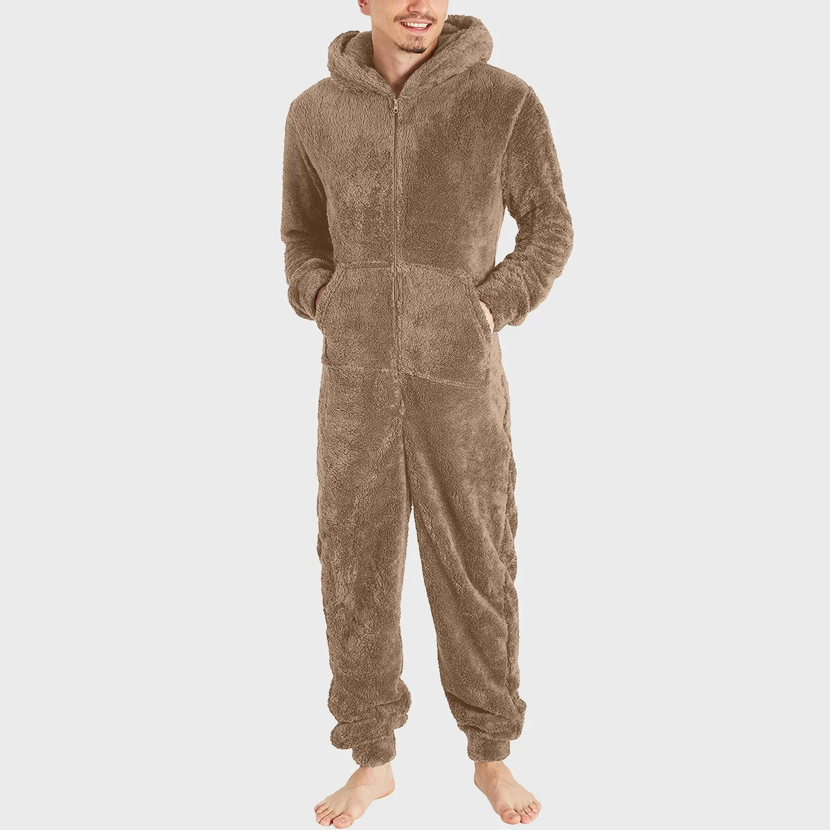 Men's Hooded Zip Front Long Sleeve Plush Pajama Jumpsuit