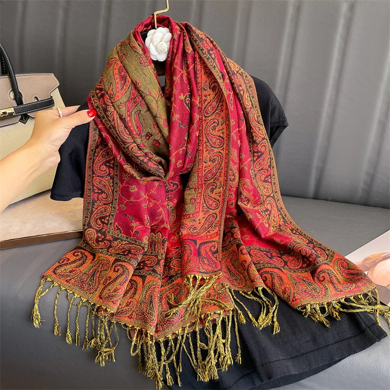 Paisley Floral Print Long Scarf with Fringed Ends