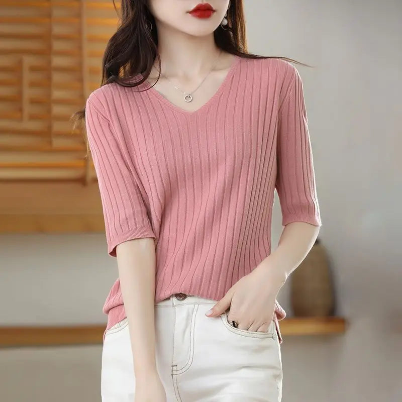 Women's V Neck Short Sleeve Sweater Casual Knit Layer