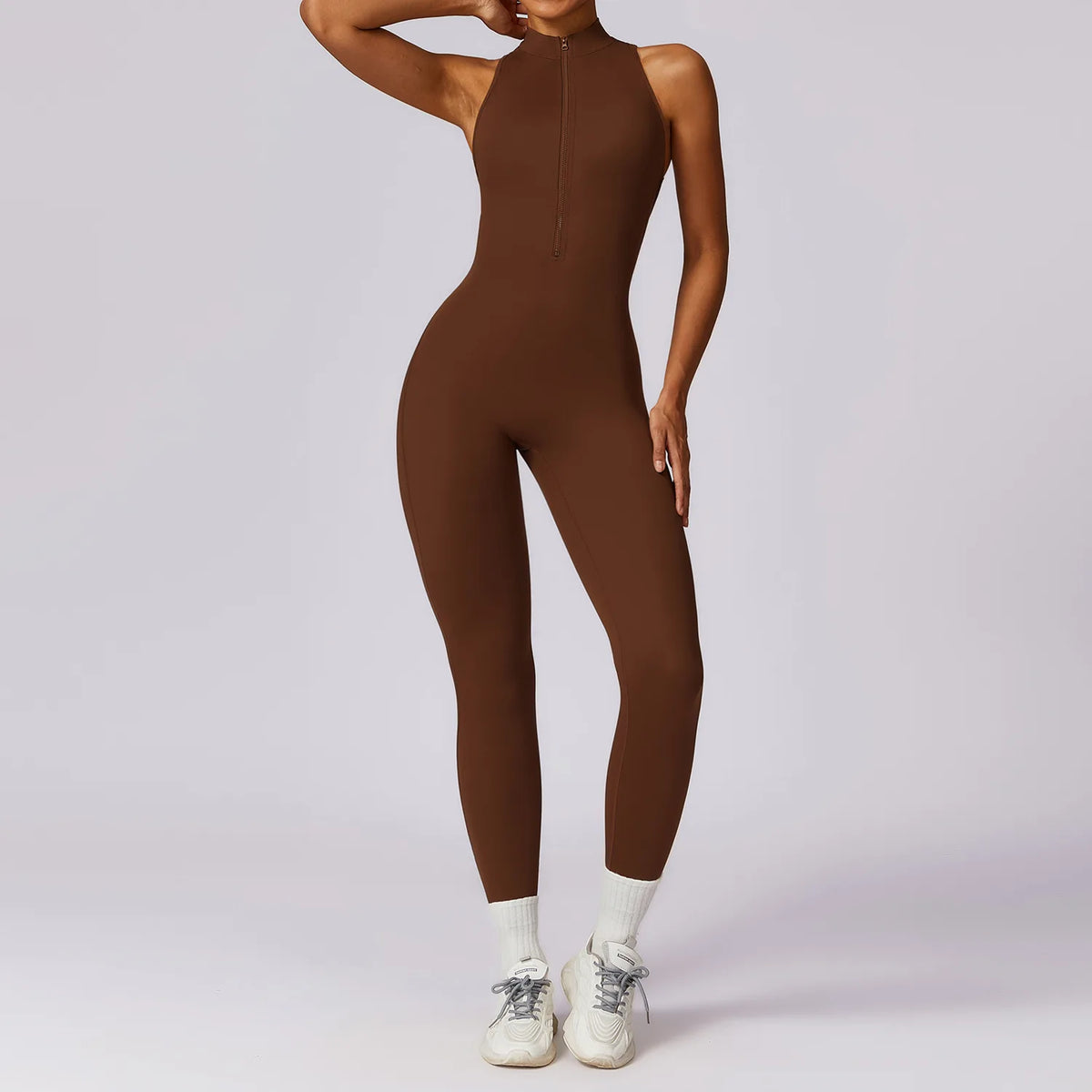 Women's Halter Neck Nylon Blend Workout One Piece with Zipper and Length Options