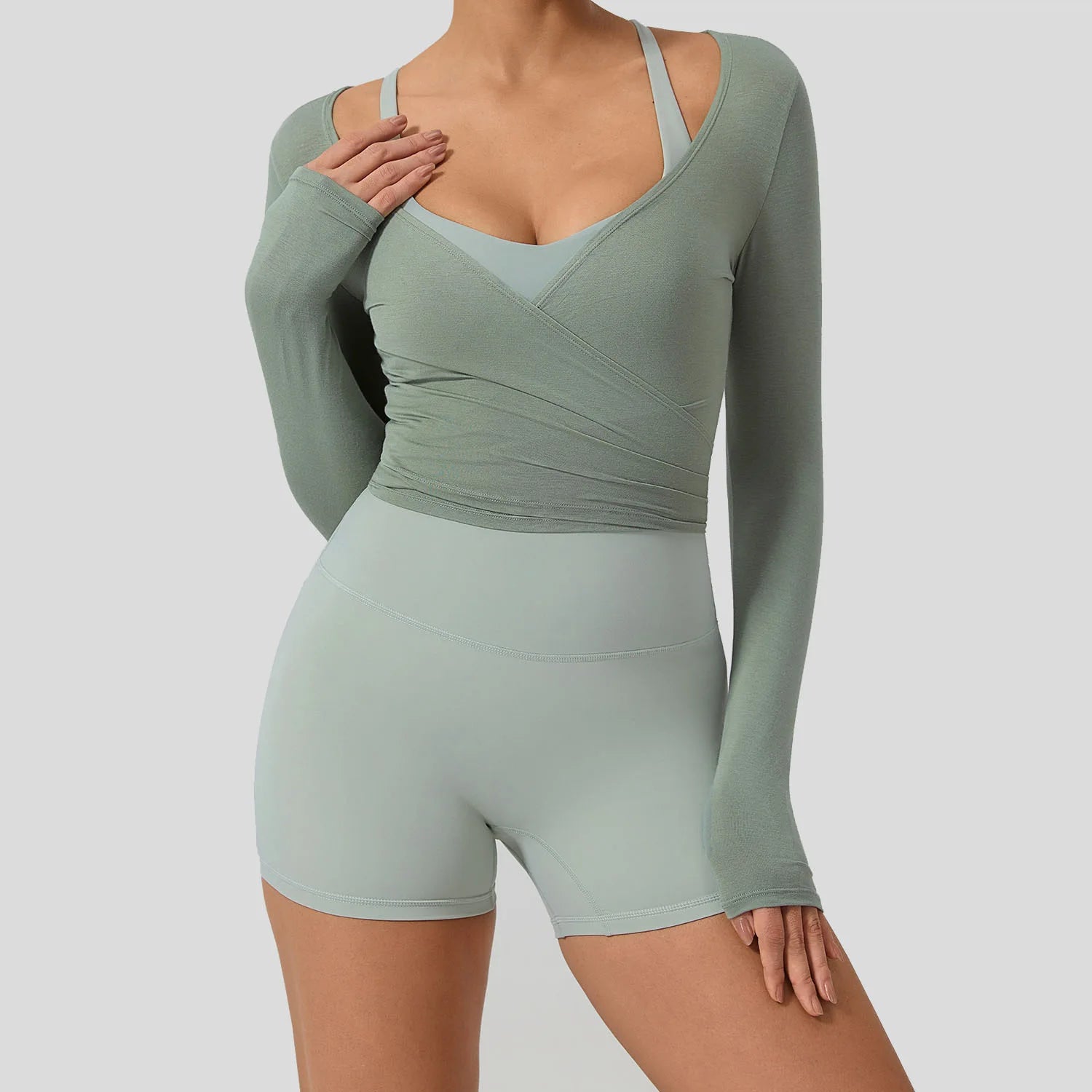 Women's Wrap Tie Front Long Sleeve Crop Top