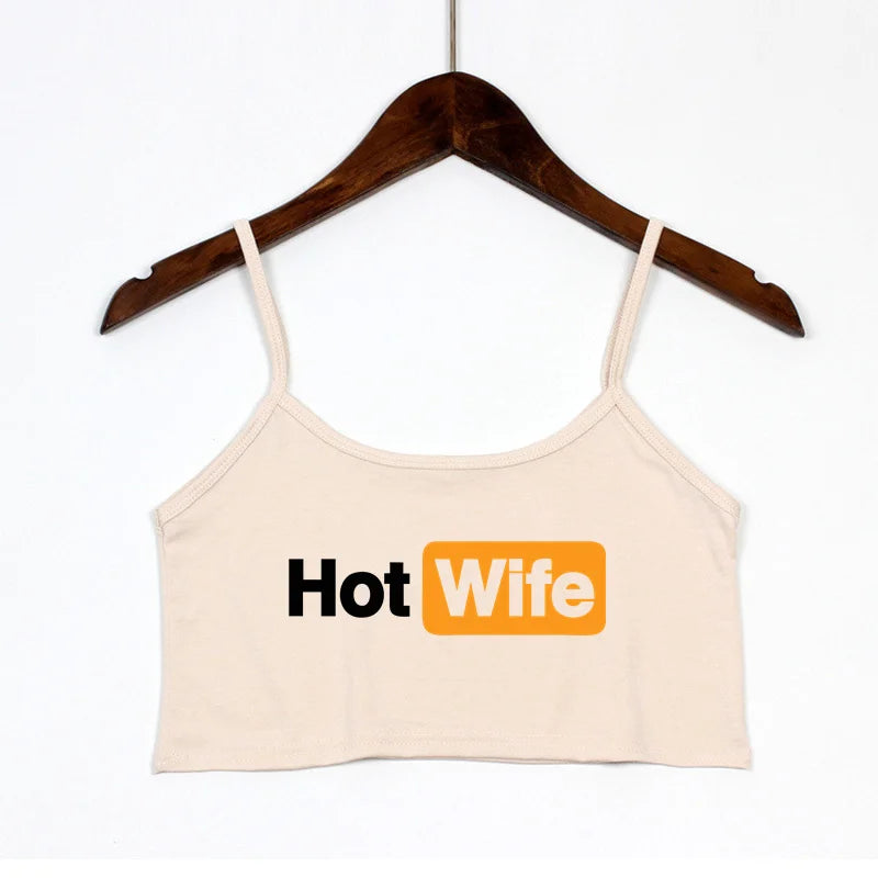 Women's Hot Wife Letter Print Cropped Camisole with Thin Shoulder Straps