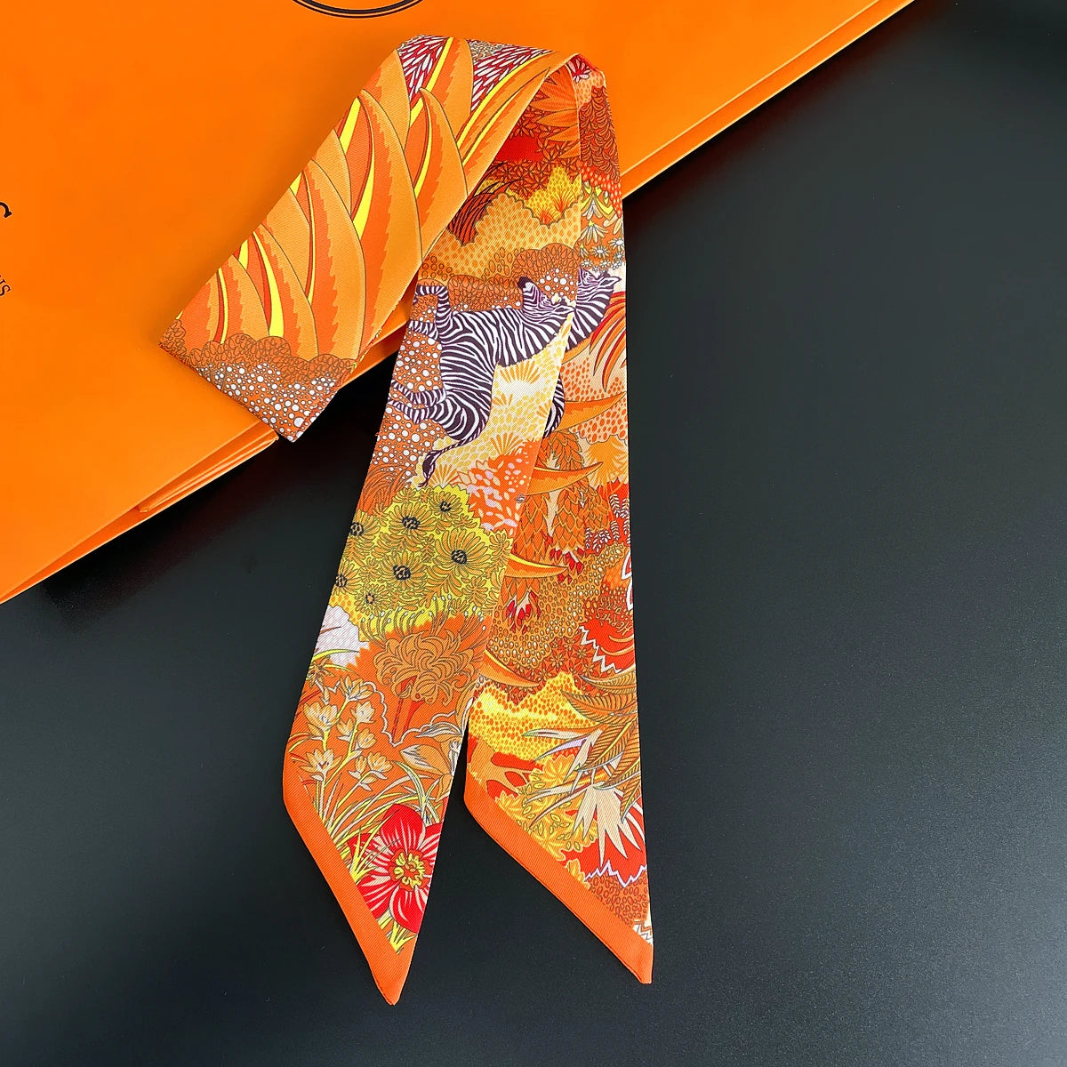 Colorful Printed Skinny Ribbon Scarf with Tie Ends