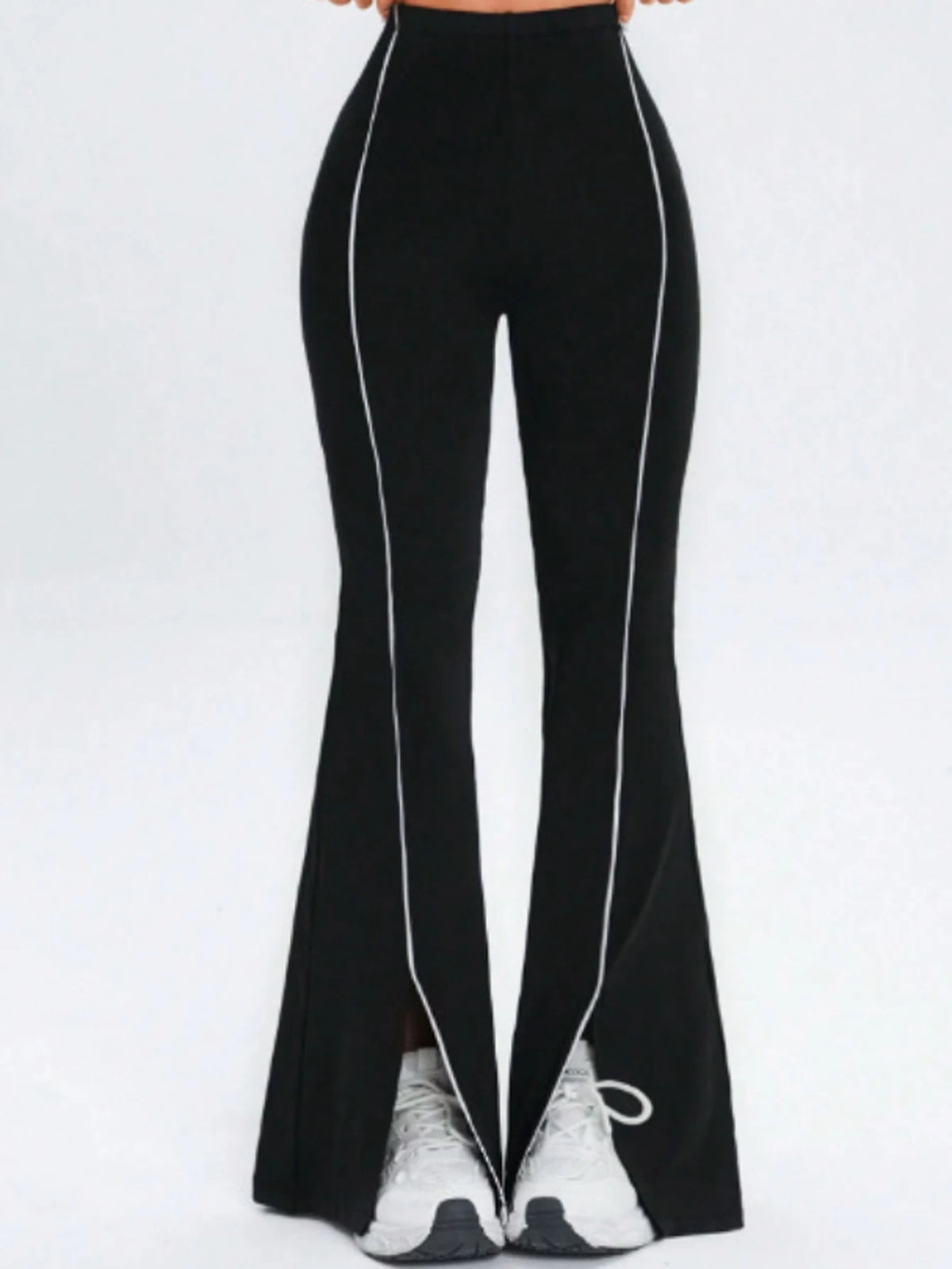 Women's High Waist Polyester Blend Flared Workout Pants with Contrast Piping