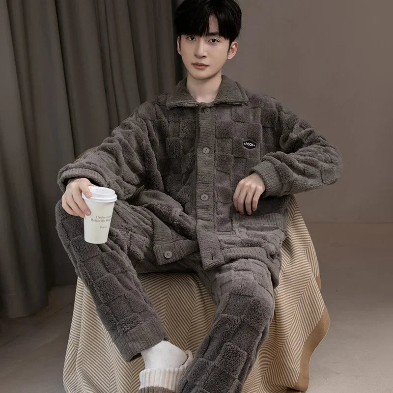 Men's Plush Button Front Shirt and Pants Pajama Set