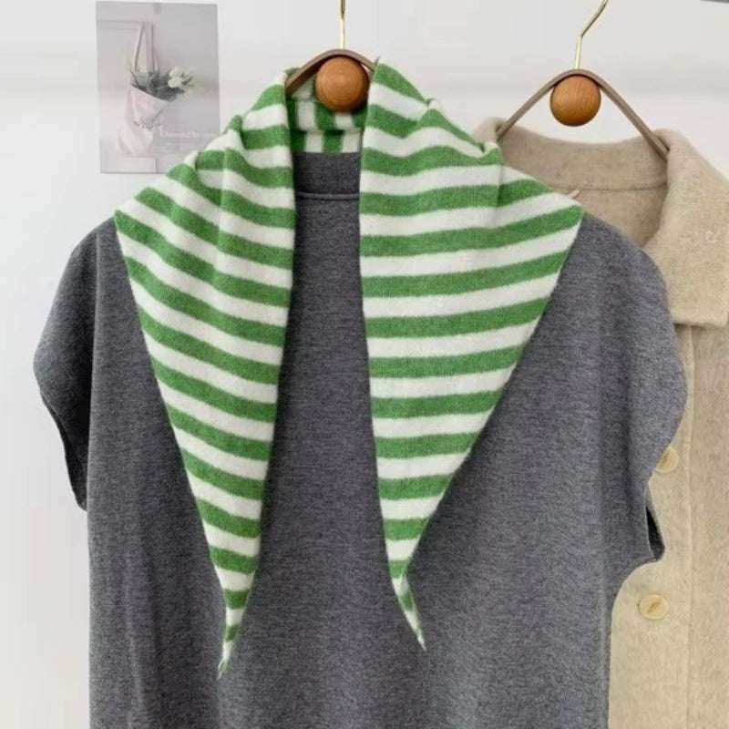 Striped Triangle Knit Scarf with Tieable Pointed Ends