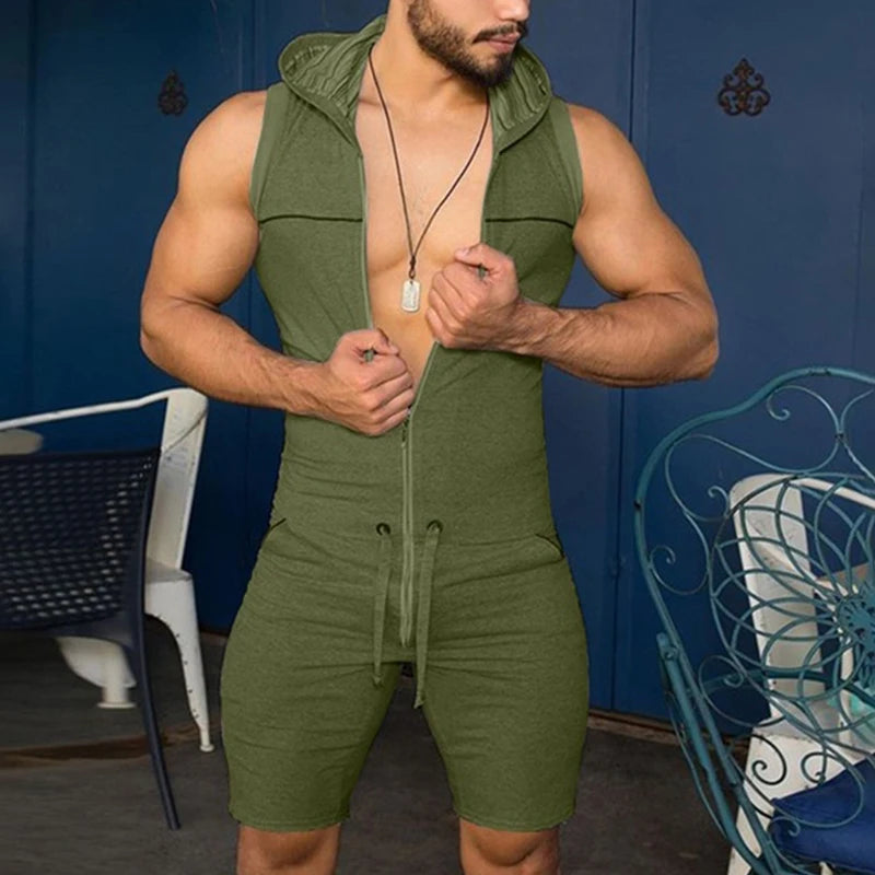 Men's Sleeveless Hooded Zip Front Short Pajama Romper