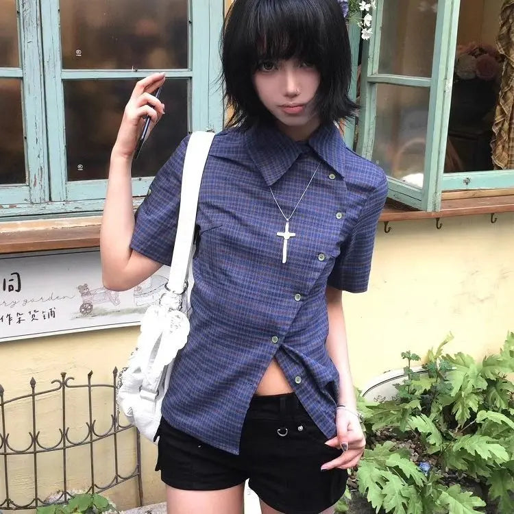 Women's Checked Asymmetric Collared Shirt