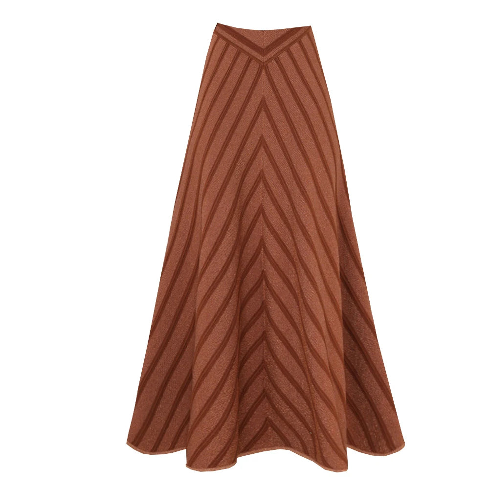 Striped Cutout One-Piece Swimsuit with Long Skirt