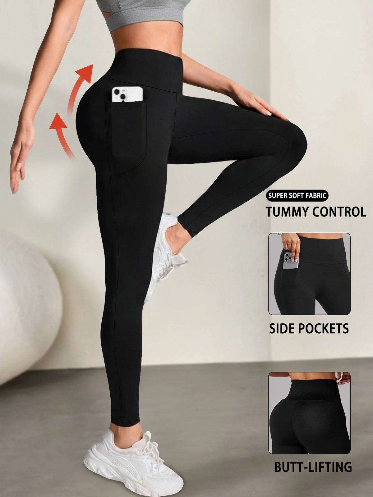 Women's High-Waist Stretch Ankle-Length Leggings with Side Pockets