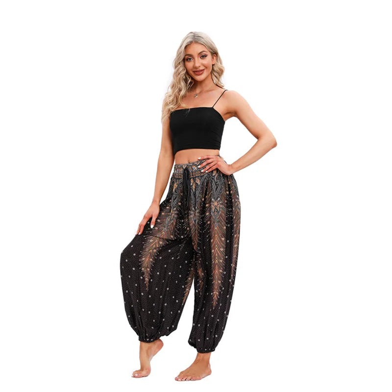 Women's Printed Rayon Harem Pants with Elastic Waist and Loose Gathered Legs