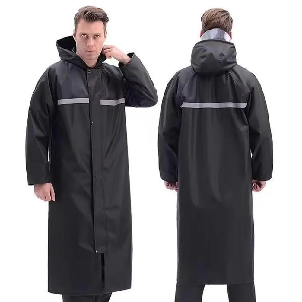 Long Hooded Rain Coat with Front Closure and Contrast Stripe