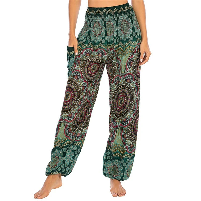 Women's Printed Rayon Harem Pants with High Waist and Gathered Ankles