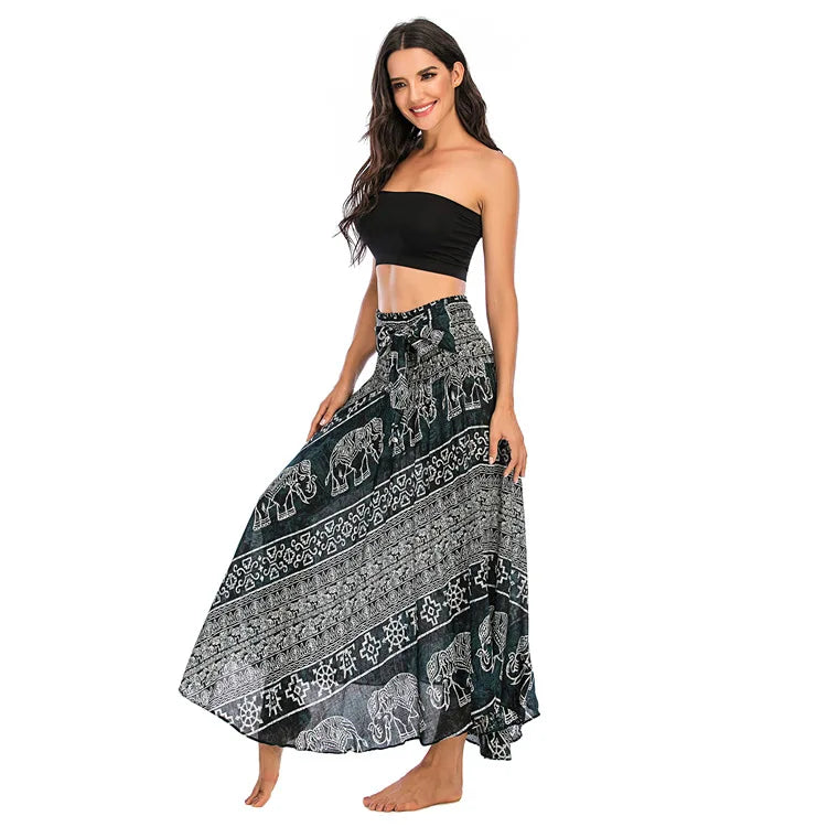 Women's Printed Nylon Harem Pants with Smocked Waist and Convertible Styling