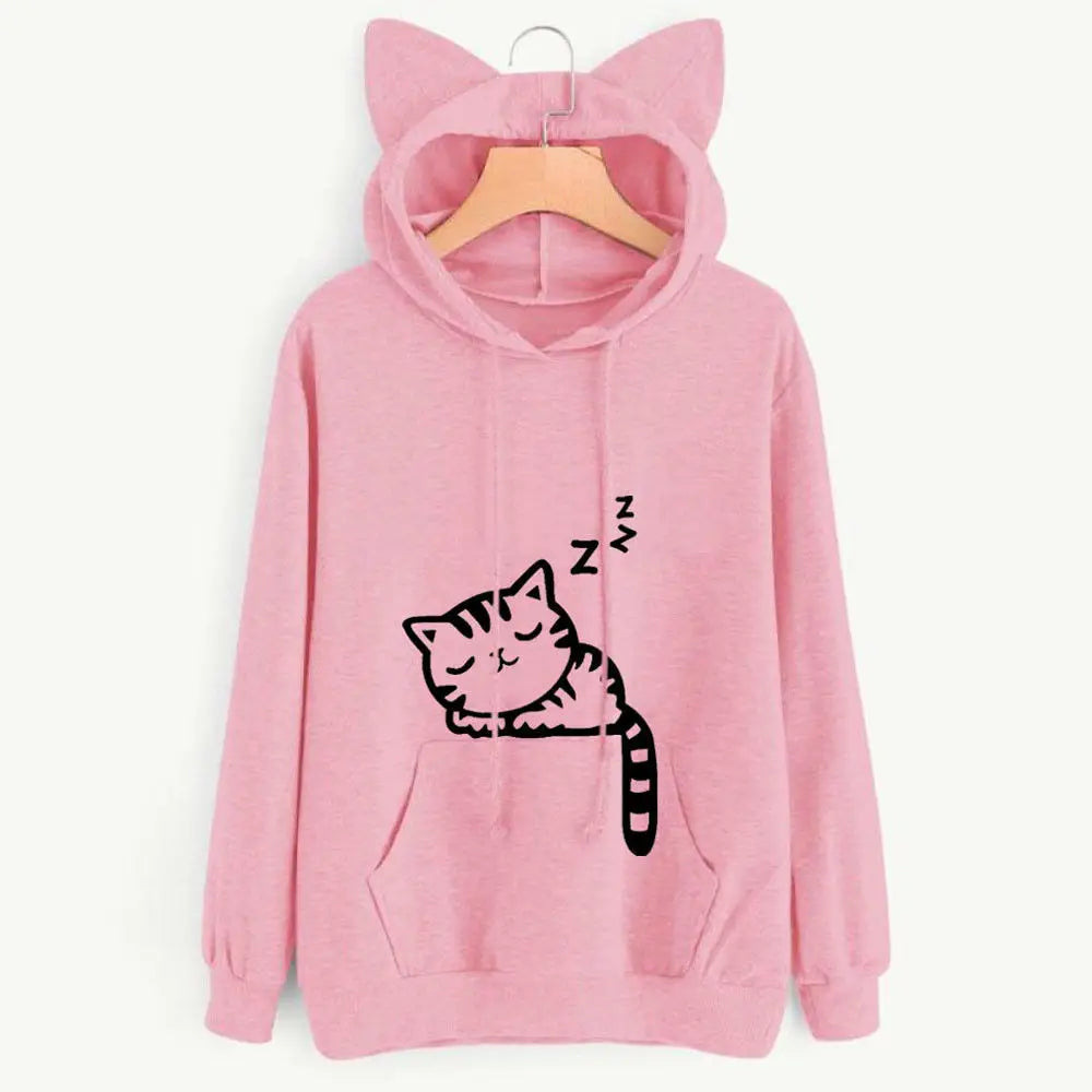 Cat Graphic Long Sleeve Pullover Casual Hoodie for Layering