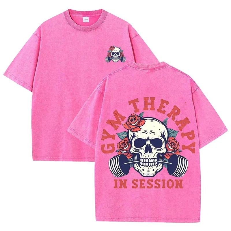 Gym Therapy In Session Skull Rose Print Vintage Washed Workout T Shirt