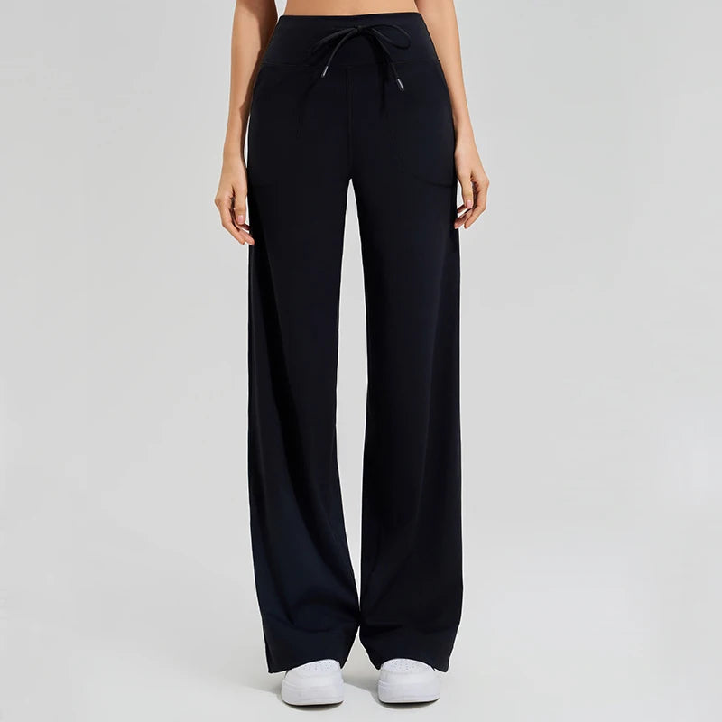 Women's Drawstring Waist Nylon Blend Wide Leg Pants for Yoga Practice