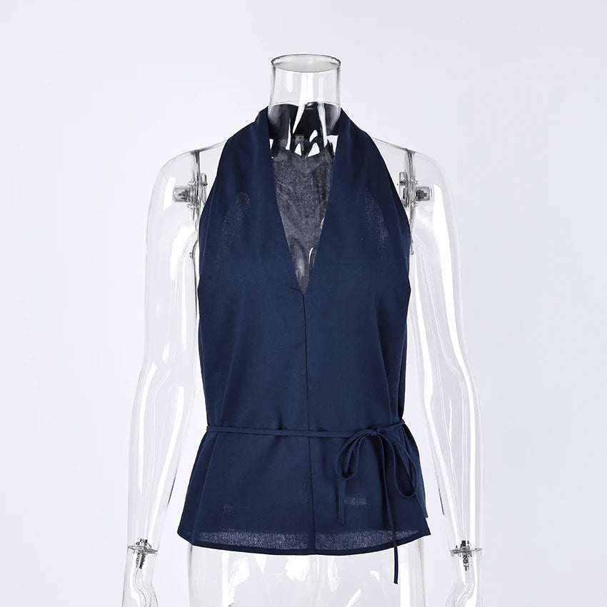 Women's Halter Tank Top with Draped Front and Ties at the Back