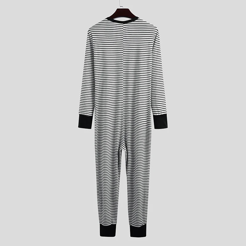 Men's Striped Button Front Long Sleeve Pajama Lounge Jumpsuit