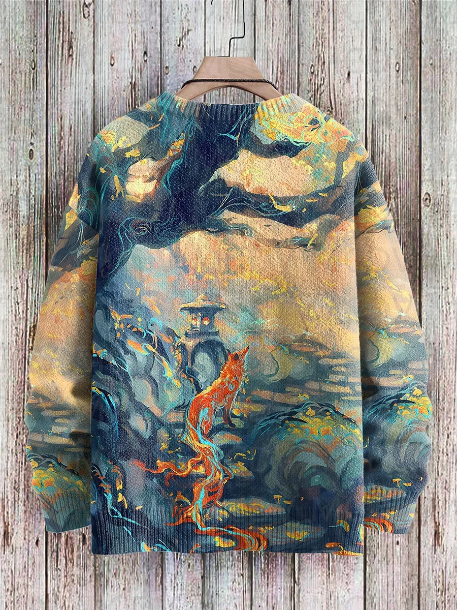 Japanese Art-Print Crewneck Knit Sweater