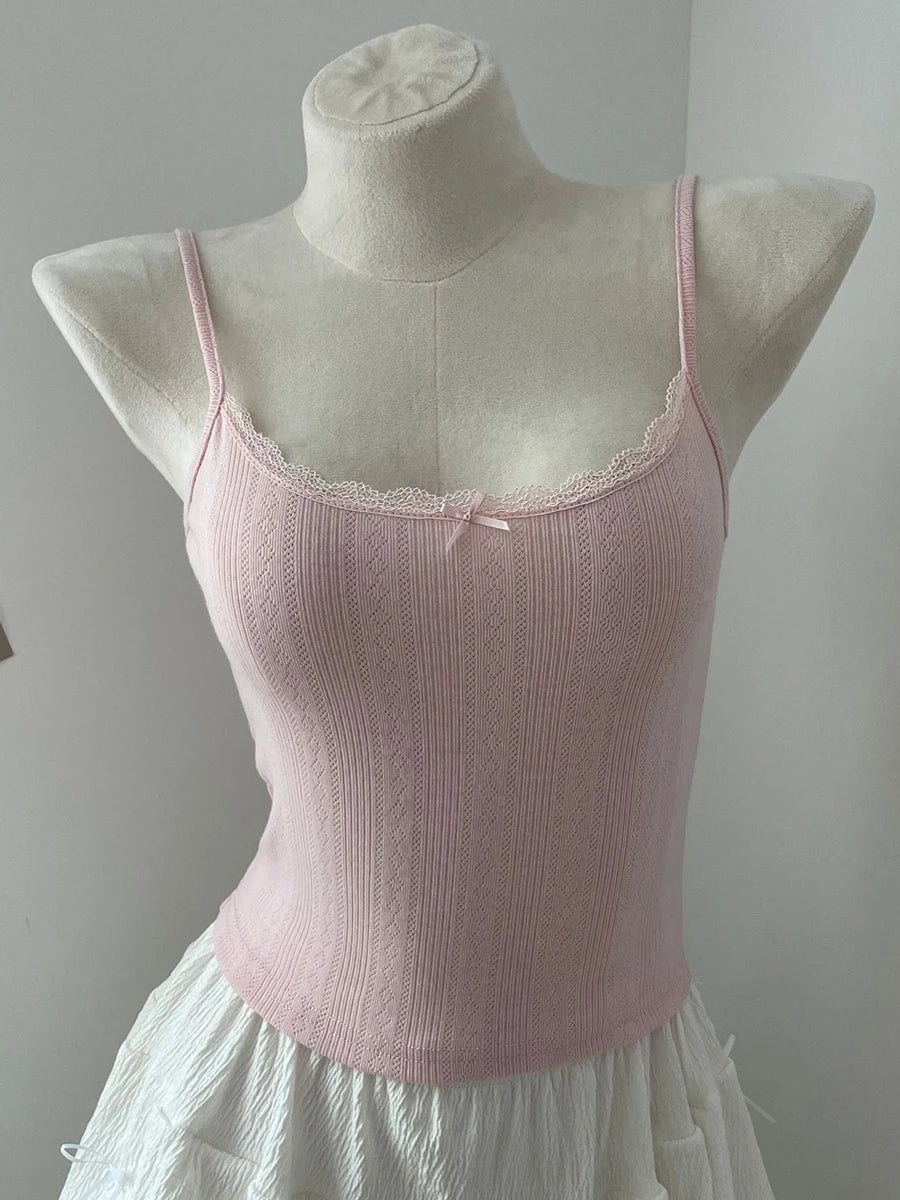 Women's Lace Trim Cotton Camisole with Bow Detail and Multiple Pattern Options